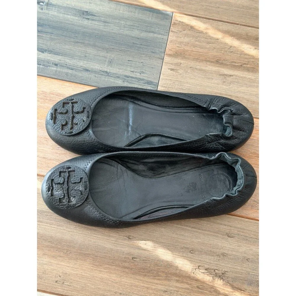Tory Burch Minnie Travel Ballet Flats Black Leather Size 8